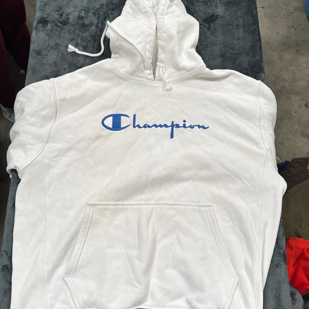 Men's Champion Reverse Weave Yarn Dye Rib Trim Pullover Hoodie White Size large